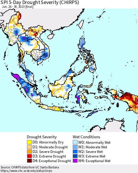 South East Asia SPI 5-Day Drought Severity (CHIRPS) Thematic Map For 6/26/2023 - 6/30/2023