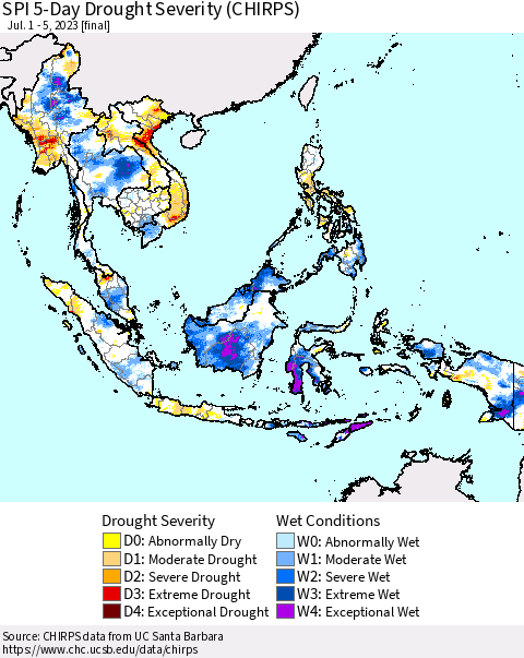 South East Asia SPI 5-Day Drought Severity (CHIRPS) Thematic Map For 7/1/2023 - 7/5/2023
