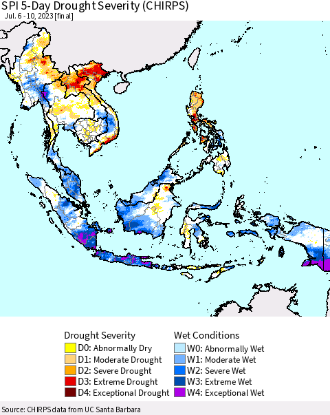 South East Asia SPI 5-Day Drought Severity (CHIRPS) Thematic Map For 7/6/2023 - 7/10/2023
