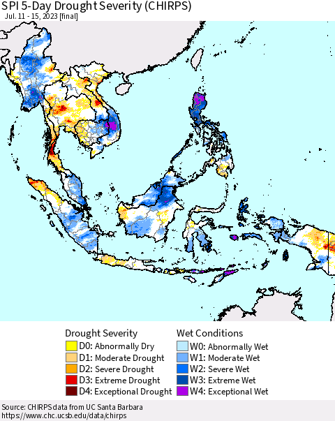 South East Asia SPI 5-Day Drought Severity (CHIRPS) Thematic Map For 7/11/2023 - 7/15/2023