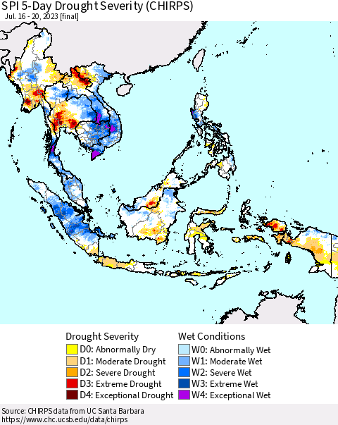 South East Asia SPI 5-Day Drought Severity (CHIRPS) Thematic Map For 7/16/2023 - 7/20/2023