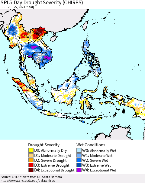 South East Asia SPI 5-Day Drought Severity (CHIRPS) Thematic Map For 7/21/2023 - 7/25/2023