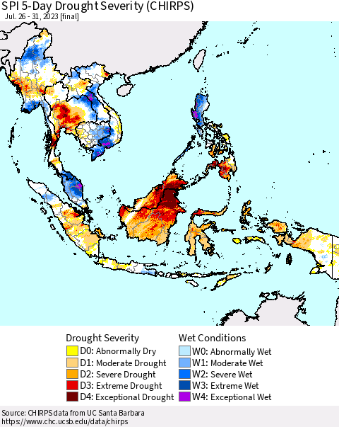 South East Asia SPI 5-Day Drought Severity (CHIRPS) Thematic Map For 7/26/2023 - 7/31/2023