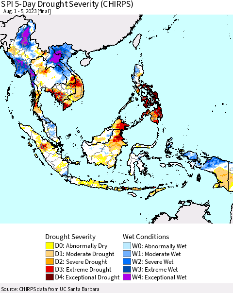 South East Asia SPI 5-Day Drought Severity (CHIRPS) Thematic Map For 8/1/2023 - 8/5/2023