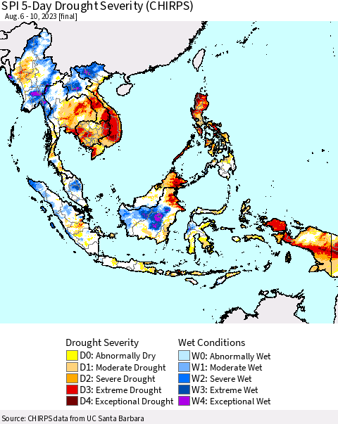 South East Asia SPI 5-Day Drought Severity (CHIRPS) Thematic Map For 8/6/2023 - 8/10/2023