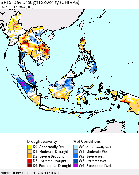 South East Asia SPI 5-Day Drought Severity (CHIRPS) Thematic Map For 8/11/2023 - 8/15/2023