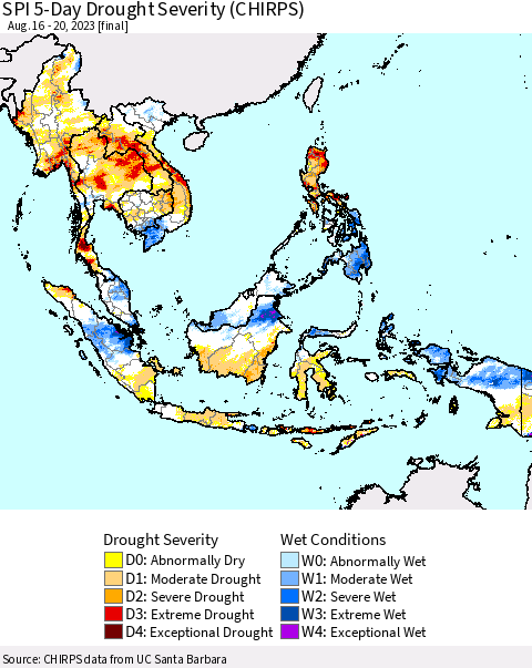 South East Asia SPI 5-Day Drought Severity (CHIRPS) Thematic Map For 8/16/2023 - 8/20/2023