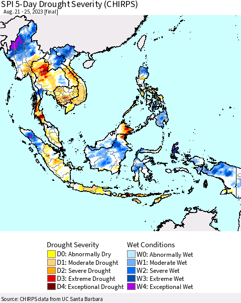 South East Asia SPI 5-Day Drought Severity (CHIRPS) Thematic Map For 8/21/2023 - 8/25/2023