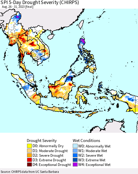 South East Asia SPI 5-Day Drought Severity (CHIRPS) Thematic Map For 8/26/2023 - 8/31/2023