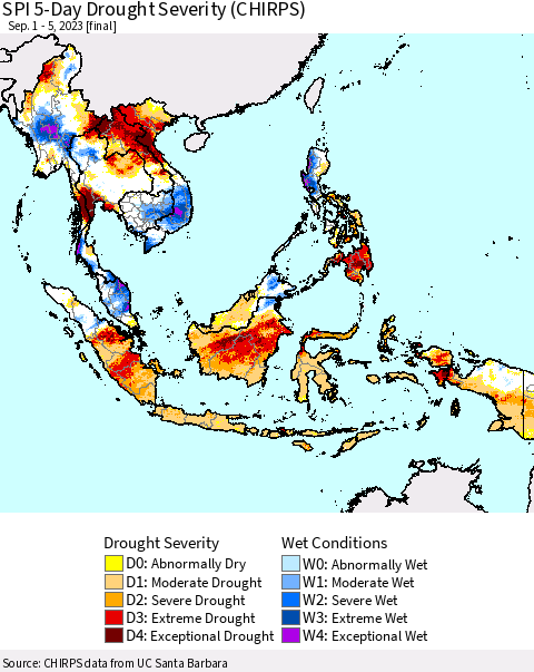 South East Asia SPI 5-Day Drought Severity (CHIRPS) Thematic Map For 9/1/2023 - 9/5/2023