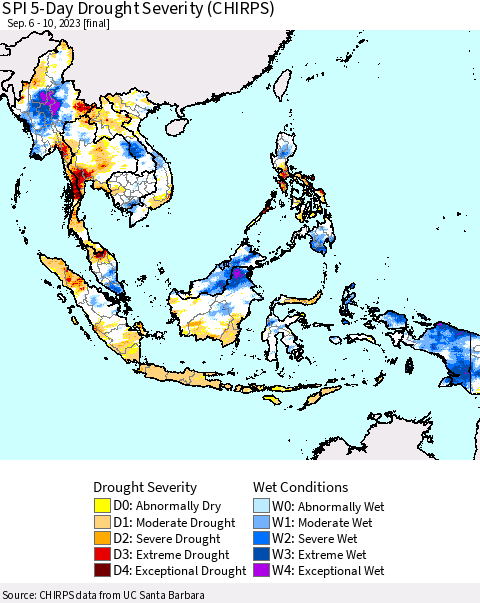 South East Asia SPI 5-Day Drought Severity (CHIRPS) Thematic Map For 9/6/2023 - 9/10/2023