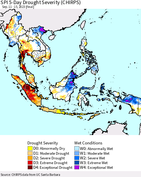 South East Asia SPI 5-Day Drought Severity (CHIRPS) Thematic Map For 9/11/2023 - 9/15/2023
