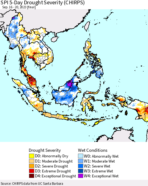 South East Asia SPI 5-Day Drought Severity (CHIRPS) Thematic Map For 9/16/2023 - 9/20/2023