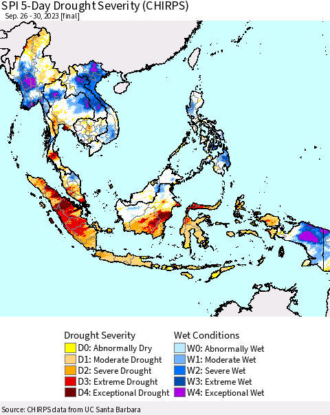 South East Asia SPI 5-Day Drought Severity (CHIRPS) Thematic Map For 9/26/2023 - 9/30/2023