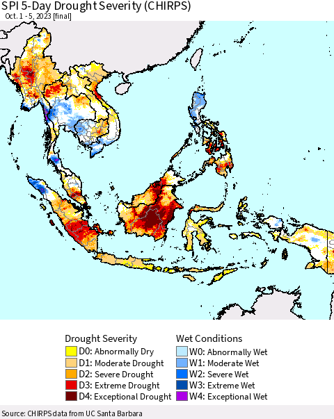 South East Asia SPI 5-Day Drought Severity (CHIRPS) Thematic Map For 10/1/2023 - 10/5/2023