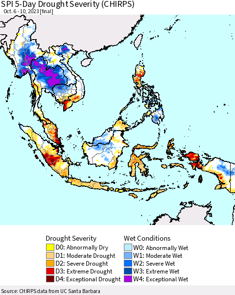 South East Asia SPI 5-Day Drought Severity (CHIRPS) Thematic Map For 10/6/2023 - 10/10/2023