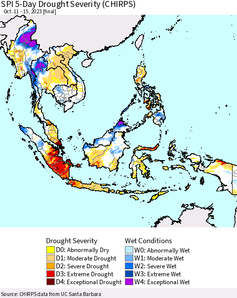 South East Asia SPI 5-Day Drought Severity (CHIRPS) Thematic Map For 10/11/2023 - 10/15/2023