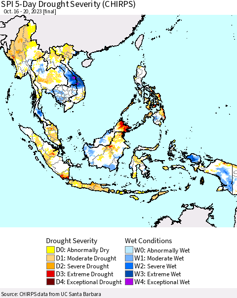South East Asia SPI 5-Day Drought Severity (CHIRPS) Thematic Map For 10/16/2023 - 10/20/2023