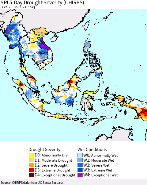 South East Asia SPI 5-Day Drought Severity (CHIRPS) Thematic Map For 10/21/2023 - 10/25/2023