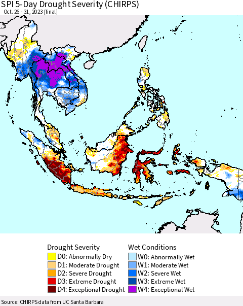 South East Asia SPI 5-Day Drought Severity (CHIRPS) Thematic Map For 10/26/2023 - 10/31/2023