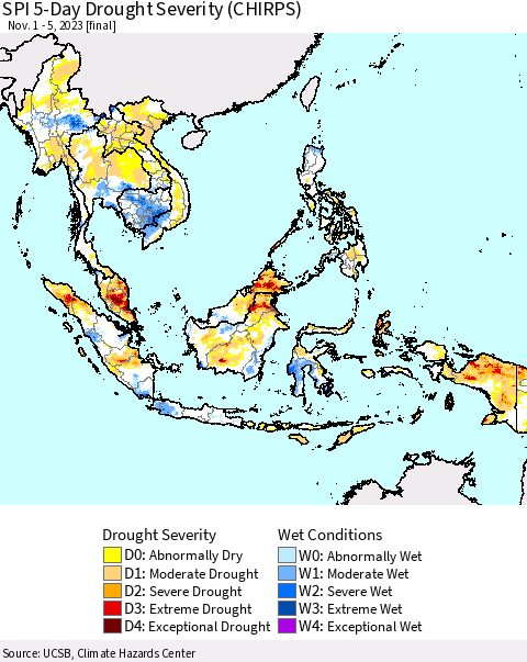 South East Asia SPI 5-Day Drought Severity (CHIRPS) Thematic Map For 11/1/2023 - 11/5/2023