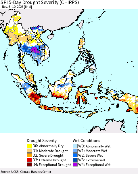 South East Asia SPI 5-Day Drought Severity (CHIRPS) Thematic Map For 11/6/2023 - 11/10/2023