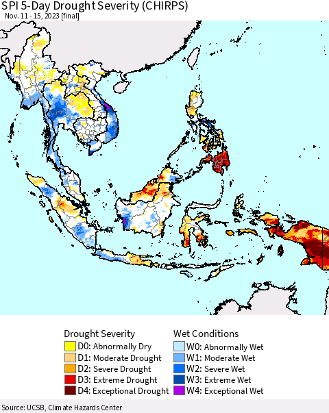 South East Asia SPI 5-Day Drought Severity (CHIRPS) Thematic Map For 11/11/2023 - 11/15/2023