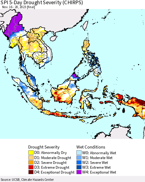 South East Asia SPI 5-Day Drought Severity (CHIRPS) Thematic Map For 11/16/2023 - 11/20/2023
