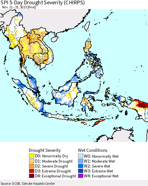 South East Asia SPI 5-Day Drought Severity (CHIRPS) Thematic Map For 11/21/2023 - 11/25/2023