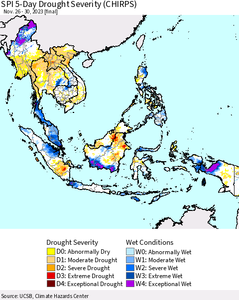 South East Asia SPI 5-Day Drought Severity (CHIRPS) Thematic Map For 11/26/2023 - 11/30/2023