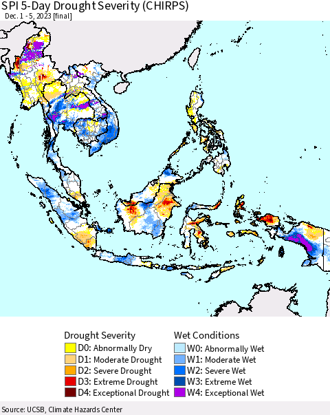 South East Asia SPI 5-Day Drought Severity (CHIRPS) Thematic Map For 12/1/2023 - 12/5/2023