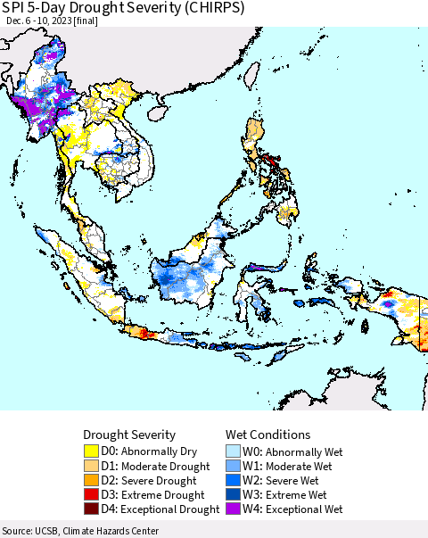 South East Asia SPI 5-Day Drought Severity (CHIRPS) Thematic Map For 12/6/2023 - 12/10/2023