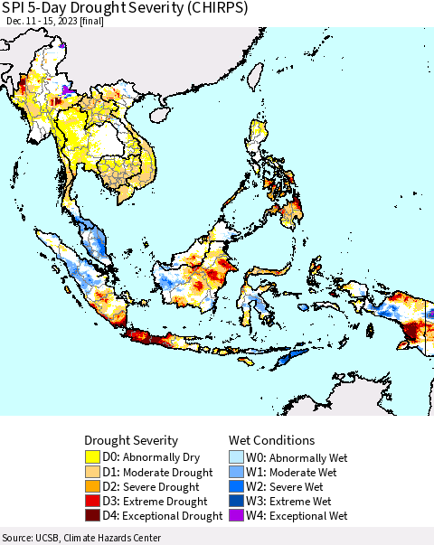 South East Asia SPI 5-Day Drought Severity (CHIRPS) Thematic Map For 12/11/2023 - 12/15/2023