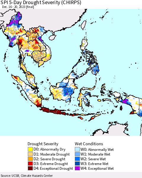 South East Asia SPI 5-Day Drought Severity (CHIRPS) Thematic Map For 12/16/2023 - 12/20/2023