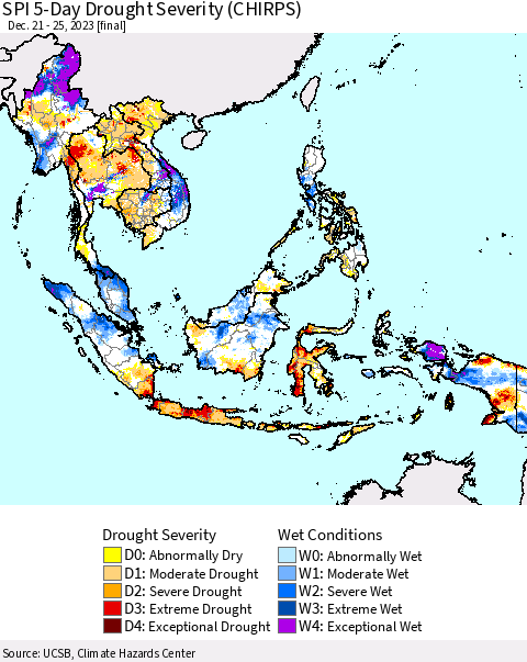 South East Asia SPI 5-Day Drought Severity (CHIRPS) Thematic Map For 12/21/2023 - 12/25/2023