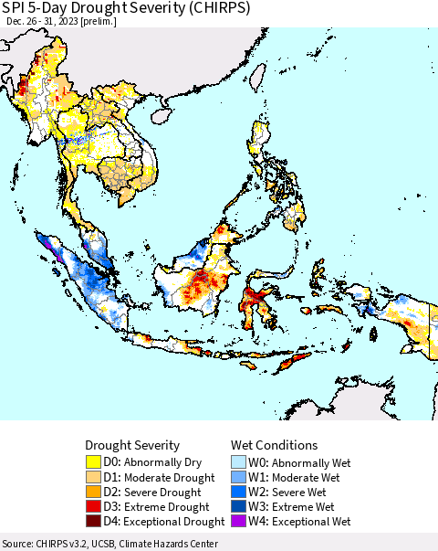 South East Asia SPI 5-Day Drought Severity (CHIRPS) Thematic Map For 12/26/2023 - 12/31/2023