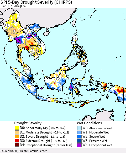 South East Asia SPI 5-Day Drought Severity (CHIRPS) Thematic Map For 1/1/2024 - 1/5/2024