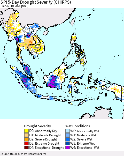 South East Asia SPI 5-Day Drought Severity (CHIRPS) Thematic Map For 1/6/2024 - 1/10/2024