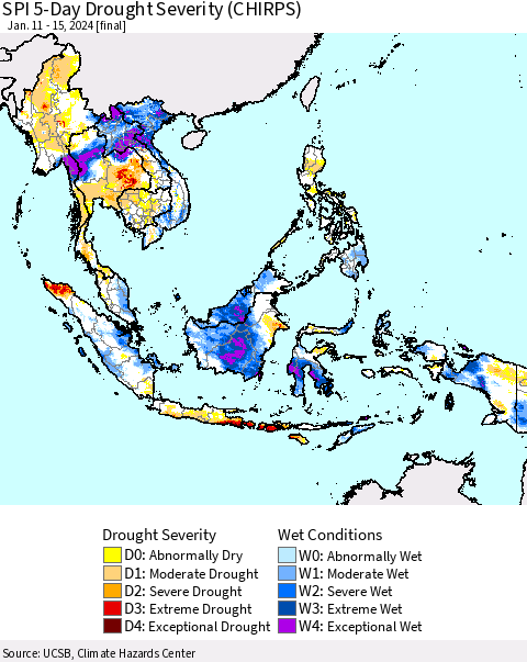 South East Asia SPI 5-Day Drought Severity (CHIRPS) Thematic Map For 1/11/2024 - 1/15/2024
