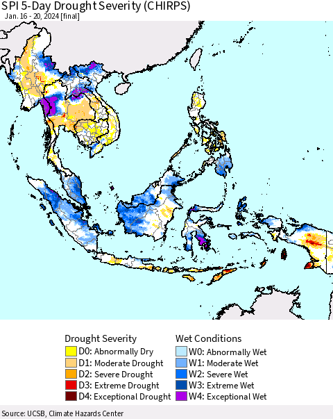 South East Asia SPI 5-Day Drought Severity (CHIRPS) Thematic Map For 1/16/2024 - 1/20/2024