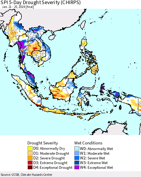 South East Asia SPI 5-Day Drought Severity (CHIRPS) Thematic Map For 1/21/2024 - 1/25/2024