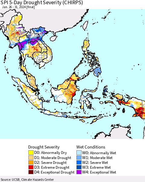 South East Asia SPI 5-Day Drought Severity (CHIRPS) Thematic Map For 1/26/2024 - 1/31/2024
