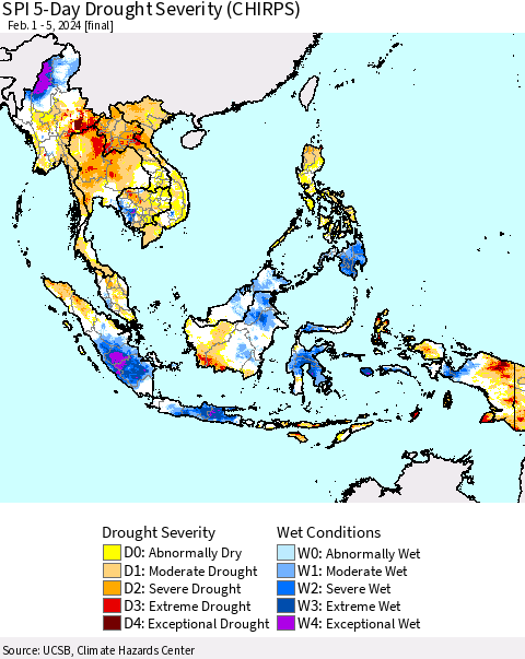 South East Asia SPI 5-Day Drought Severity (CHIRPS) Thematic Map For 2/1/2024 - 2/5/2024