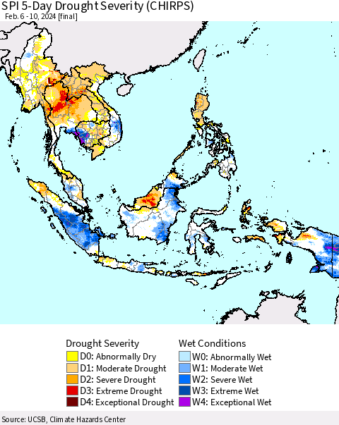 South East Asia SPI 5-Day Drought Severity (CHIRPS) Thematic Map For 2/6/2024 - 2/10/2024