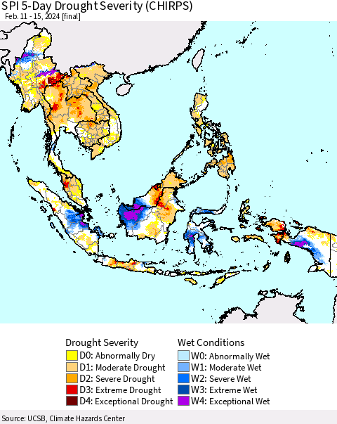 South East Asia SPI 5-Day Drought Severity (CHIRPS) Thematic Map For 2/11/2024 - 2/15/2024