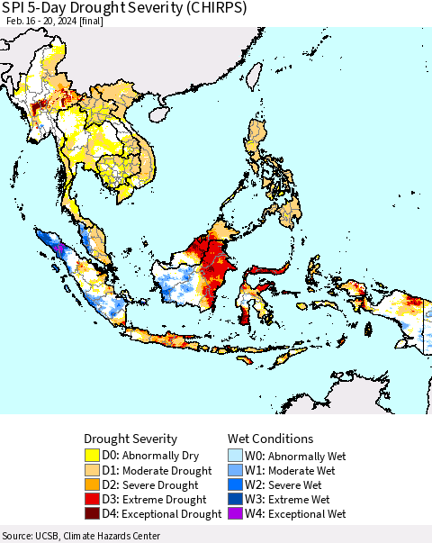 South East Asia SPI 5-Day Drought Severity (CHIRPS) Thematic Map For 2/16/2024 - 2/20/2024