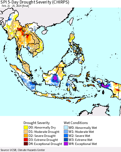South East Asia SPI 5-Day Drought Severity (CHIRPS) Thematic Map For 2/21/2024 - 2/25/2024