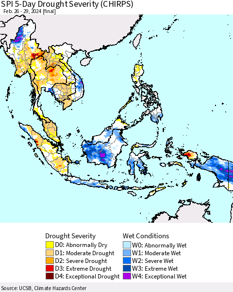 South East Asia SPI 5-Day Drought Severity (CHIRPS) Thematic Map For 2/26/2024 - 2/29/2024