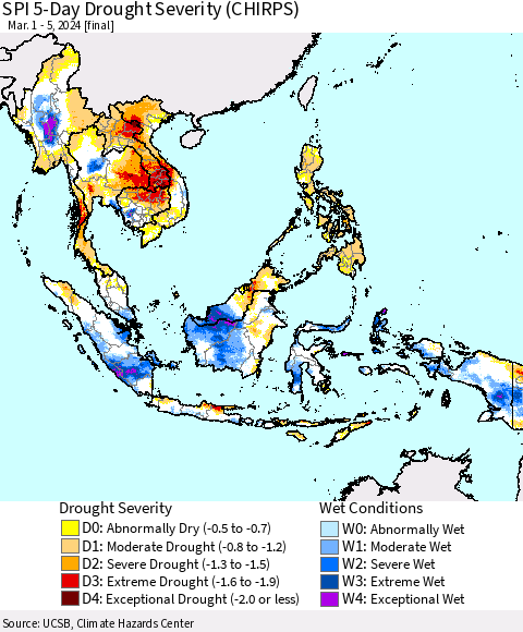 South East Asia SPI 5-Day Drought Severity (CHIRPS) Thematic Map For 3/1/2024 - 3/5/2024