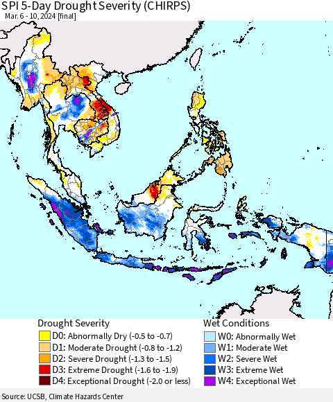 South East Asia SPI 5-Day Drought Severity (CHIRPS) Thematic Map For 3/6/2024 - 3/10/2024